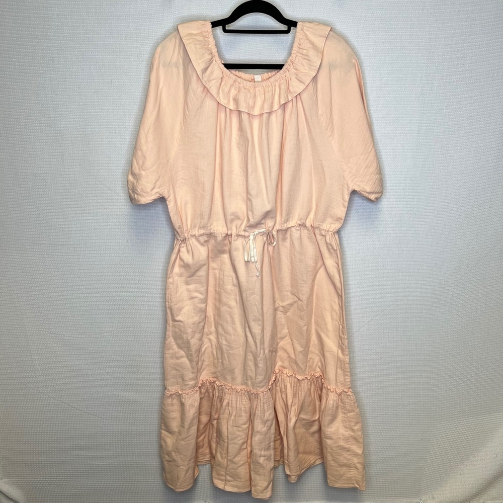 LiLU Women Peach Ruffle Drawstring Waist Tiered Midi Dress 100% Organic Cotton M